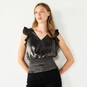 NINE WEST Black Shimmery Sleeveless V Neck Ruffled Top NWT